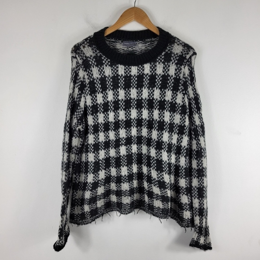 Wooden Ships Mohair Wool Plaid Open Knit Fringe Frayed Hem Sweater Size S/M